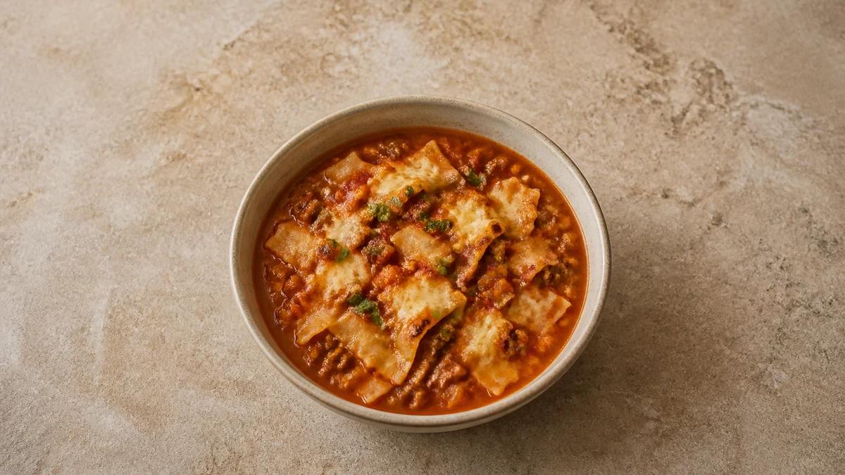 Lasagnekeittoa, naudanjauhelihaa ja pastapaloja kullanruskean mascarpone-parmesaanipinnan alla