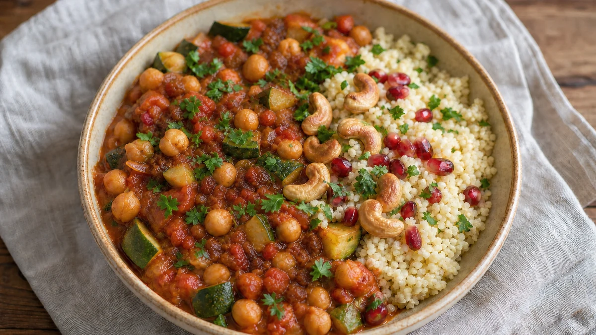 Kikherne-kesäkurpitsapataa tomaatilla, couscousilla, cashewpähkinöillä, persiljalla ja granaattiomenansiemenillä
