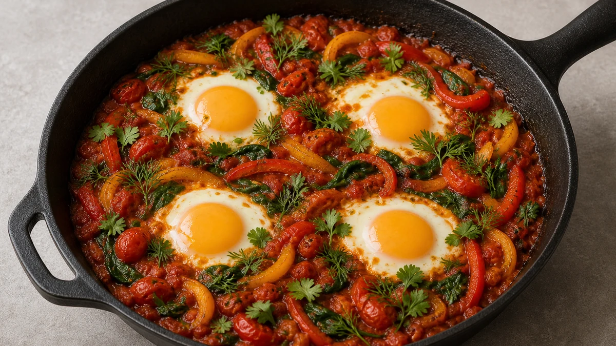 Shakshuka tummassa pannussa, pinnalla kananmunia, punaista ja keltaista paprikaa, pinaattia, korianteria ja tilliä