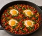 Shakshuka tummassa pannussa, pinnalla kananmunia, punaista ja keltaista paprikaa, pinaattia, korianteria ja tilliä