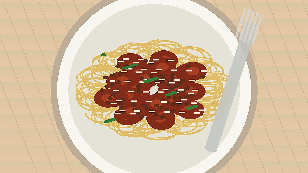 Spagettia bolognesekastikkeella, parmesaanilla ja basilikanlehdillä