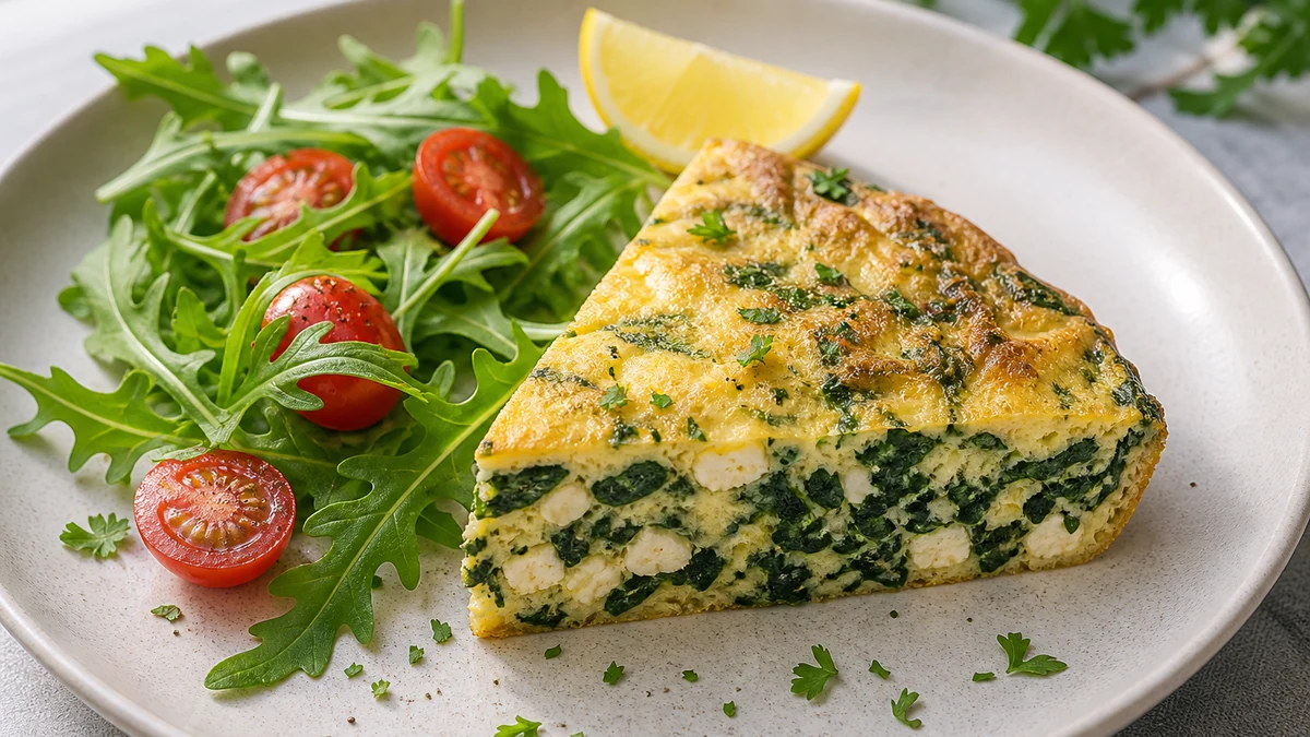 Viipaloitu pinaatti-fetafrittata sekä rucolaa, kirsikkatomaatteja ja kähäräpersiljaa